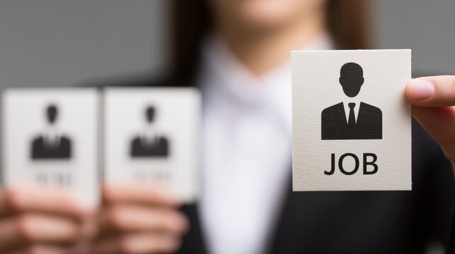 Hand holding card labeled 'job' with person silhouette, other candidate card blurred &acirc;&euro;&rdquo; visual for clear job description defining role responsibility.