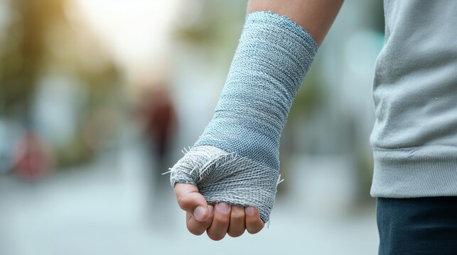 Close-up of a bandaged wrist and hand after a fall, symbolizing injury from a slip-and-fall accident.
