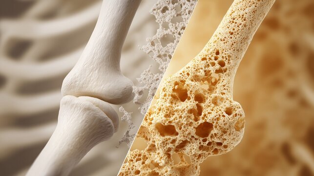 Side-by-side bone cross-section showing healthy dense bone and osteoporotic porous bone representing osteoporosis comparison of bone density.