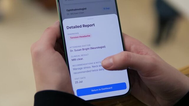 User browsing a list of doctors and opening a detailed health report on a mobile device. High-tech medical app interface showing diagnosis and MRI results. Perfect for telemedicine, digital