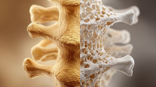 Cross-section comparison of healthy bone and osteoporotic bone illustrating dense structure versus porous, fragile structure.
