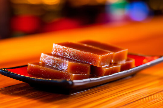 nian gao Chinese dessert displayed on ceramic plate with minimal red accents, clean food photography style, warm lighting