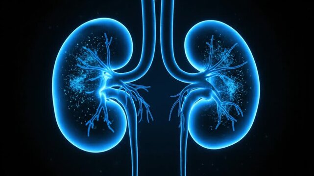Detailed 3D rendering of human kidneys with internal structures glowing in blue light against a dark background.