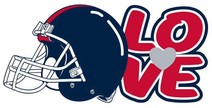 LOVE in bold   nautical blue, red, black and silver graffiti lettering, with a vibrant heart at the center and a football helmet beside it. A dynamic street art vector with sporty flair