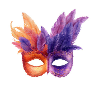 A vibrant, watercolor-style masquerade mask with colorful feathers against a stark black background