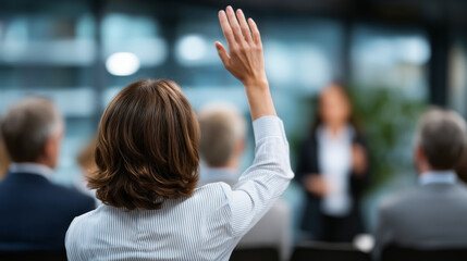 Clean, modern stock-style image of a businesswoman seated in a conference room raising her hand, colleagues attentive around her, speaker presenting in the background, shallow dept