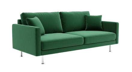 Emerald green velvet sofa isolated PNG, modern couch with cushions on transparent background for interior design and furniture mockups