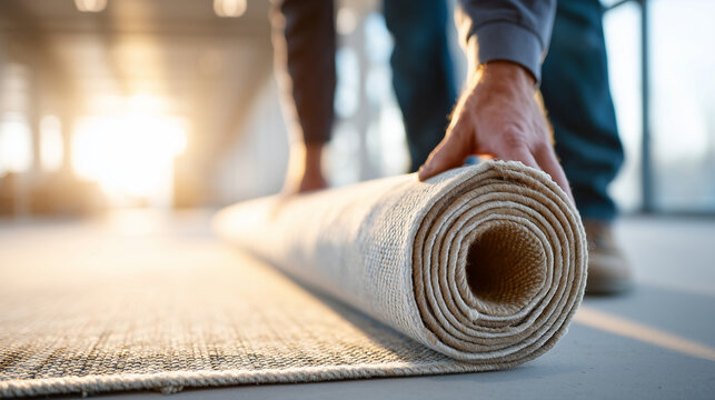 Medium shot of a faceless worker rolling up a perfectly clean, dry rug in a workshop, Order Fulfillment, focus on the rug texture and the clean uniform, sunlight coming through lar