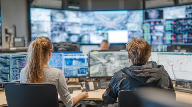 Emergency center operator monitoring multiple screens with fast response team coordination, control room, headset, dispatcher, surveillance, command and communication.