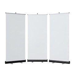 Three white roll-up banners on stands isolated on transparent background