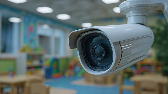 Minimalist stock-style image of a CCTV camera inside a kindergarten classroom, playful shapes and colors in the background, neutral lighting, balanced composition highlighting secu