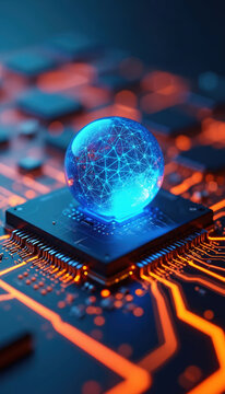 Glowing blue sphere with network lines rests on futuristic circuit board. Digital abstract background with glowing orange lines on motherboard. High tech concept.
