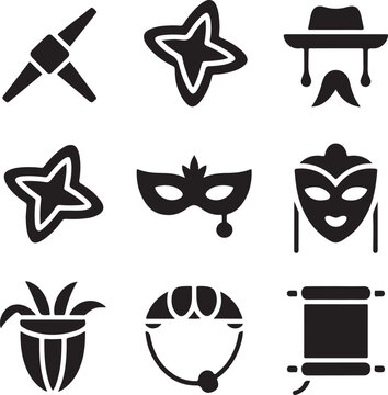Purim icons, jewish holiday, carnival mask, hamantaschen cookie, megillah scroll, gragger noise, traditional festival