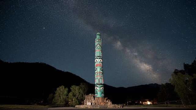 A vibrant, detailed totem pole stands beneath a stunning starry night sky with the Milky Way visible