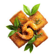 Gourmet toast with shrimp, basil, and rosemary, a culinary delight Isolated Transparent Background, PNG