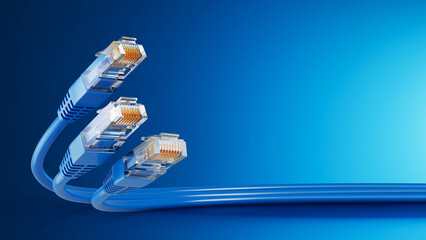 Network connection, internet, technology concept - Ethernet Network RJ45 cables on blue background. 3d illustration