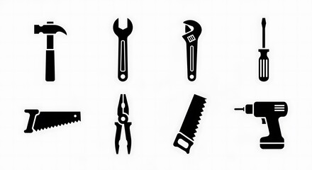 Fototapeta premium Black silhouette icons of hand tools.