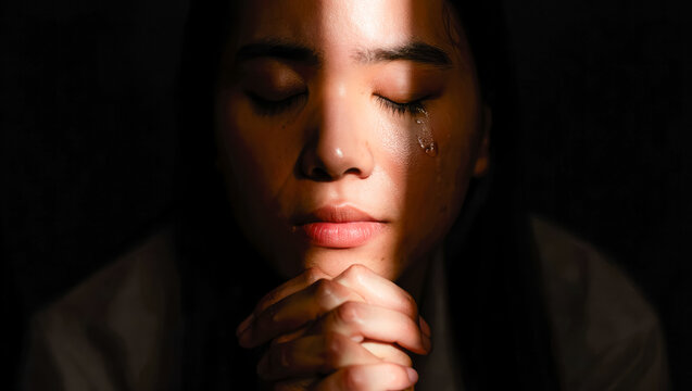 Emotionally reflective woman with hands clasped in prayer and tears streaming down her face, illuminated by dramatic lighting, suitable for mental health awareness and emotional introspection themes