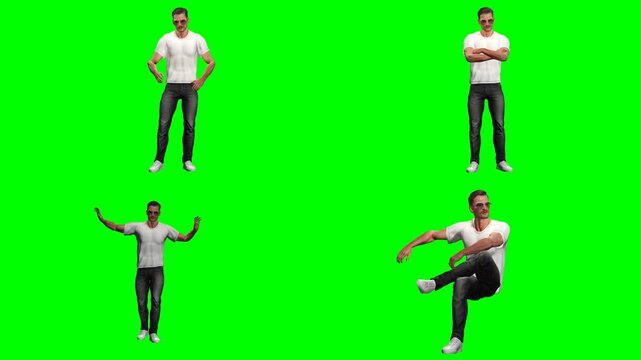 young casual man guy is running jumping slipping and standing on green screen chromakey background for 3D animated cartoonnimation. Ideal for custom video project and multimedia works.