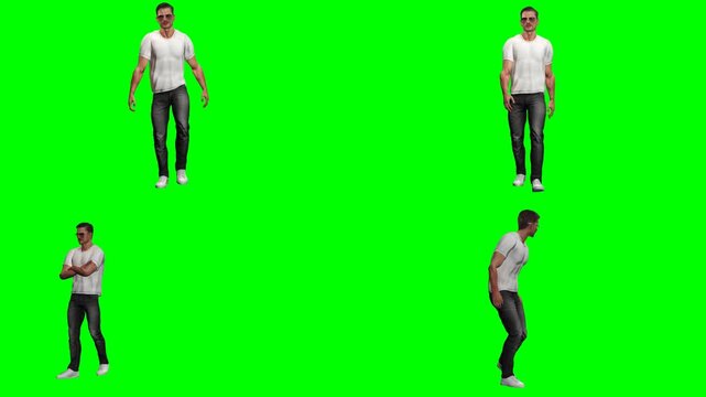 young casual man guy is walking dancing standing and talking on green screen chromakey background for 3D animated cartoonnimation. Perfect for your video creators and multimedia arts.