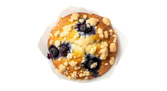 Delicious blueberry muffin with crumble topping isolated PNG, sweet baked treat for breakfast or dessert on transparent background