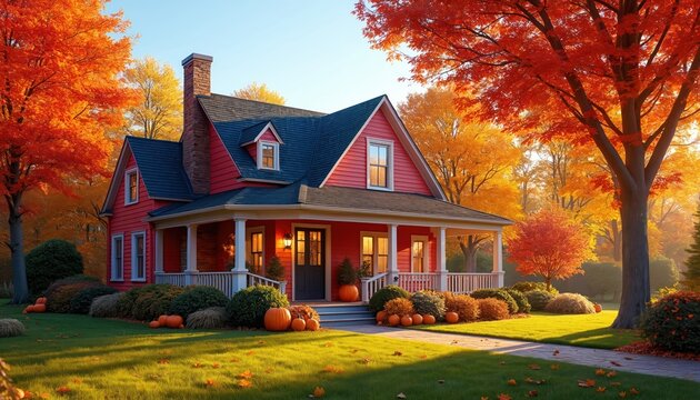 Red Cape Cod home surrounded by vibrant autumn foliage. Yard decorated with pumpkins and hay bales creates a festive fall scene. Warm light spills from windows on a clear day.