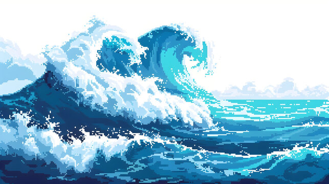 Retro 8 bit ocean wave in bold blue and cyan pixel art