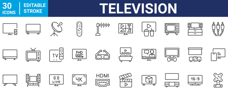Television vector icons set. TV, broadcasting, streaming, smart TV, media, digital video, entertainment and technology icons in flat style.