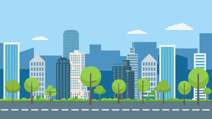 Naklejka premium A flat colorful illustration of a modern city skyline with trees