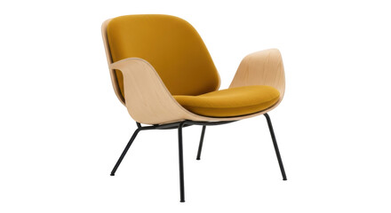 Modern yellow armchair PNG isolated on transparent background, contemporary furniture with wooden frame and black metal legs for interior design
