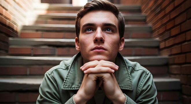 Young man with blue eyes looks upward thoughtfully while resting his chin on his clasped hands outdoors near stairs