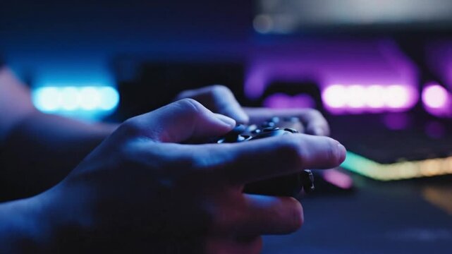 Close-up of hands holding a video game controller in a dark room with colorful lights