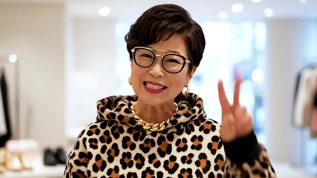 Elegant Mature Woman Waving Hand Greeting Sign Fashion Store Look