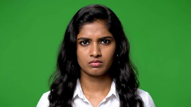 Young Indian Woman Expressing Displeasure and Annoyance on Green Screen.