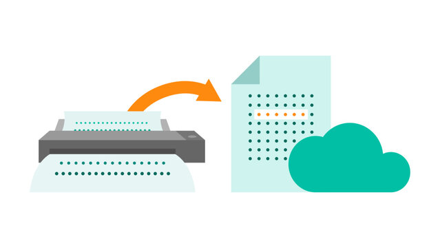 Mobile scanner OCR document digitization illustration, portable scanning workflow for remote work, paperless business process, cloud document management concept