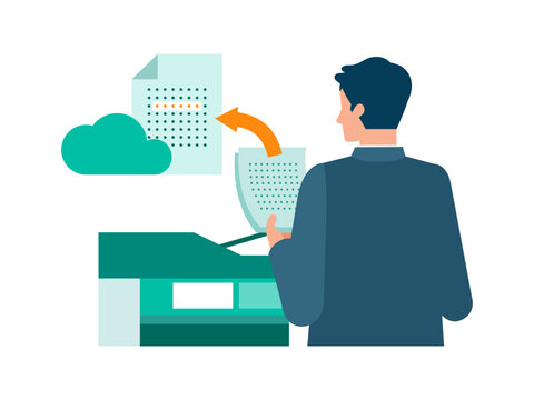 Businessman digitizing documents with OCR, illustration of paperless office workflow, cloud storage, document scanning, and business efficiency improvement concept