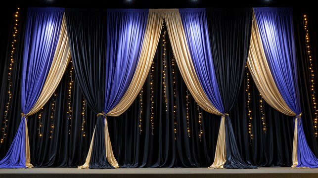 Luxury Blue and Gold Stage Curtains with Elegant Drapery and Warm String Lights