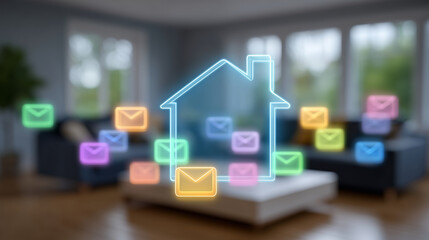 Fototapeta premium High-detail stock-style illustration of living room with a semi-transparent glowing house outline hovering above coffee table, colorful email icons inside, soft light and subtle de