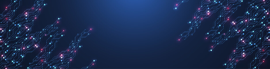 Modern technology circuit board texture background design. Quantum computer technologies concepts, large data processing. Futuristic blue circuit board background. Minimal illustration motherboard