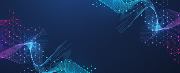 Molecular abstract structure and genetic engineering DNA. Healthcare and medicine background concept. Scientific research background. Wave flow. Innovation pattern, illustration.