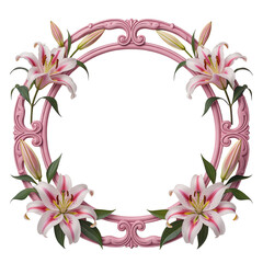 Pink ornate round frame with white and pink lily flowers, green leaves, floral border, isolated PNG with Transparent Background