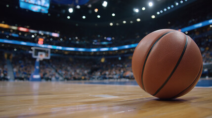 Wide-angle shot of a basketball lying on a shiny wooden court, strong overhead stadium lighting creating reflections, blurred crowd and scoreboard behind, cinematic sports event se