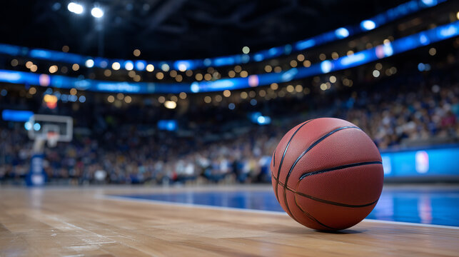 Close-up of a basketball resting on a polished wooden court, bright stadium lights reflecting off the glossy floor, blurred scoreboard and cheering spectators in the background, en