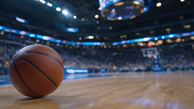 Wide-angle shot of a basketball lying on a shiny wooden court, strong overhead stadium lighting creating reflections, blurred crowd and scoreboard behind, cinematic sports event se
