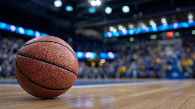 Close-up of basketball on court floor, polished wood reflecting bright arena lights, soft-focus scoreboard and cheering spectators in background, cinematic sports photography style