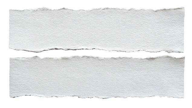 Two torn, textured rectangular paper pieces on a black backdrop. Close up. White. Rough edges