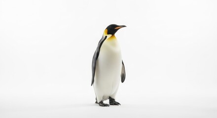 Fototapeta premium Solitary penguin stands against stark white background, looking alert