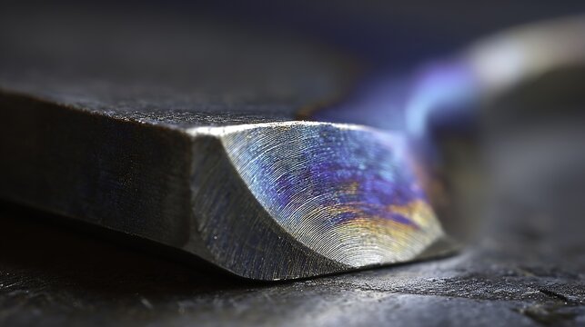 Close-up of a metal edge with heat-induced coloration, showing iridescent hues from thermal treatment.