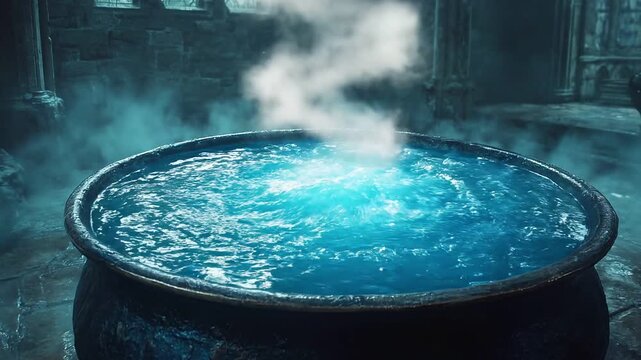 Enchanted cauldron bubbling with mystical blue liquid