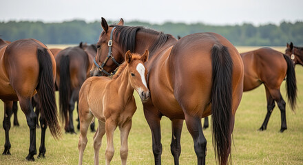 Obraz premium Equine family with mother horse and foal standing in grassy field 